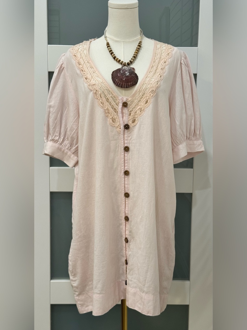 NWT Free People Blush Pink Linen Lace Button Front Dress L